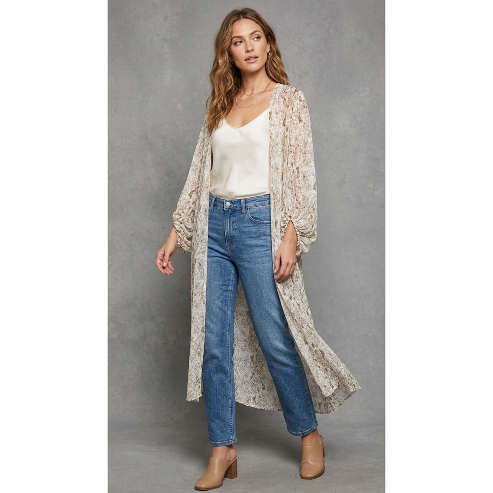 Entro Womens Abstract Print Open Front Duster Cardigan Tan Olive J14255 Large